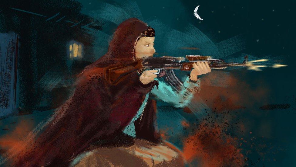 Una ilustración de Nooria con un AK-47