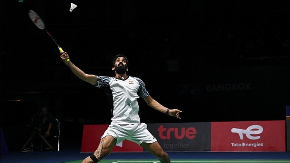 India's Kidambi Srikanth hits a return against Indonesia's Jonatan Christie during the men's finals of the Thomas and Uber Cup badminton tournament in Bangkok on May 15, 2022
