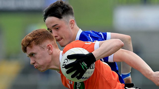 Armagh's Ross McQuillan battles with Cavan's Darragh Kennedy in the Ulster Minor Football Championship game