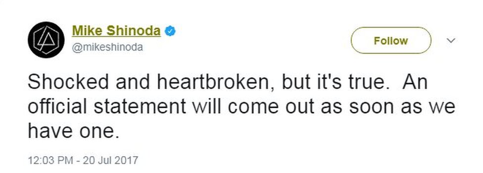 Майк Шинода пишет в Твиттере: «Шокирован и убит горем, но это правда. Официальное заявление будет опубликовано, как только оно у нас будет».