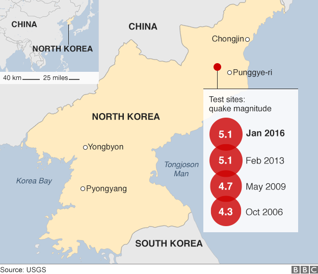 Карта предыдущих ядерных испытаний Северной Кореи
