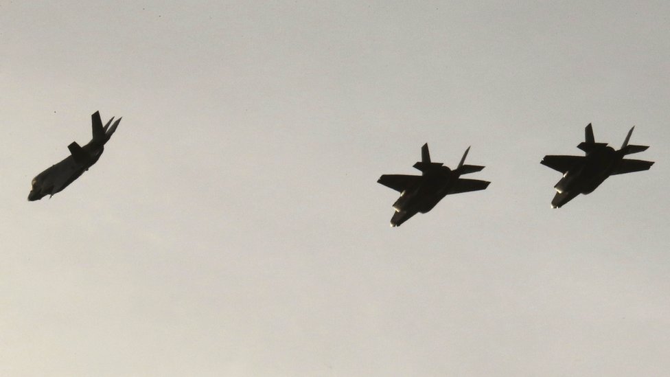 F-35B aircraft fly before landing at Akrotiri base near city of Limassol in Cyprus.