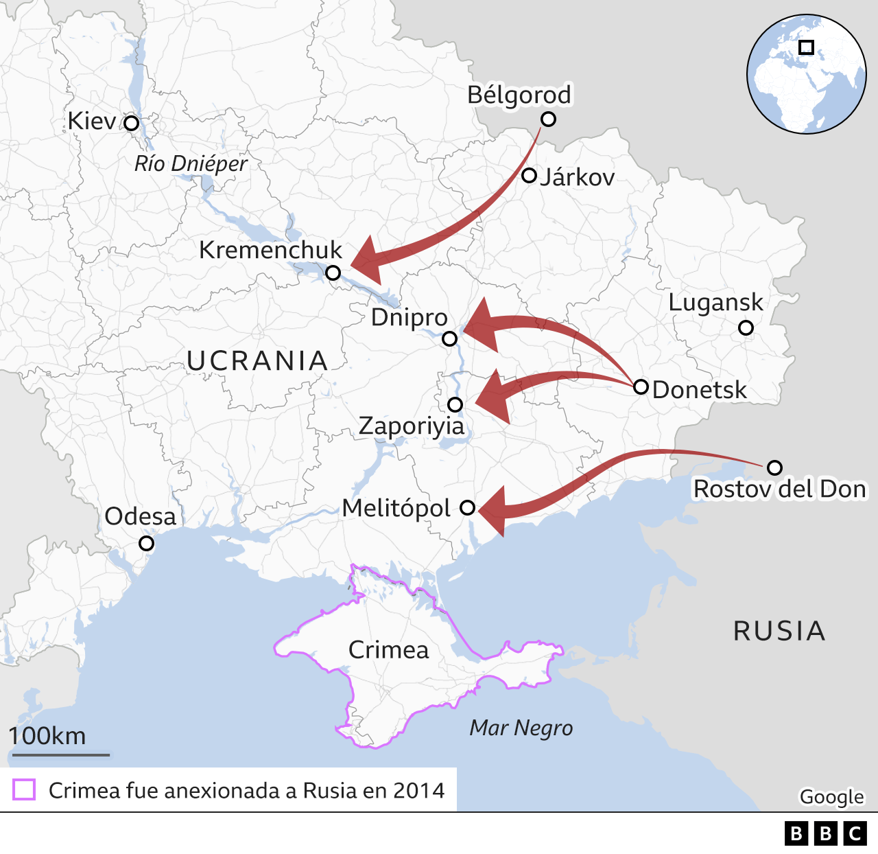 Mapa del ataque desde el este