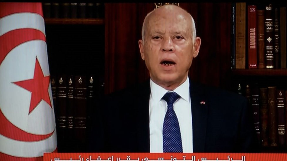 Tunisian president Kais Said speaking on TV