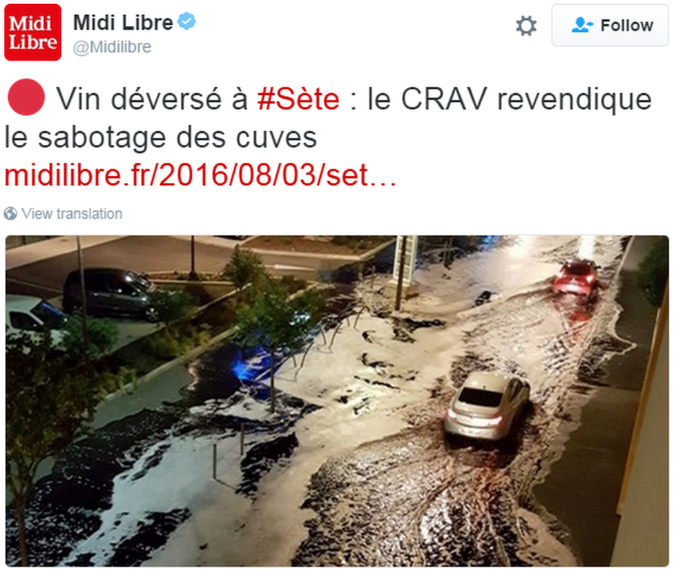 В твите говорится (на французском): В Сет разлилось вино: Крав утверждает, что саботаж танков