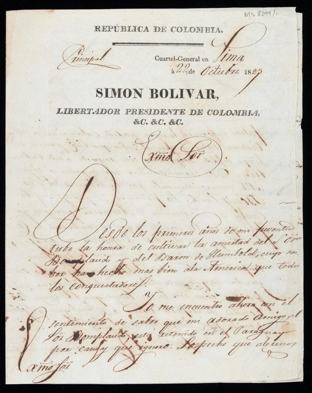 Carta de Bolívar a Francia pidiendo la liberación de su buen amigo el explorador y botánico Aimé Bonpland.