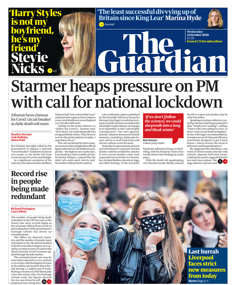 Guardian front page 14/10/20