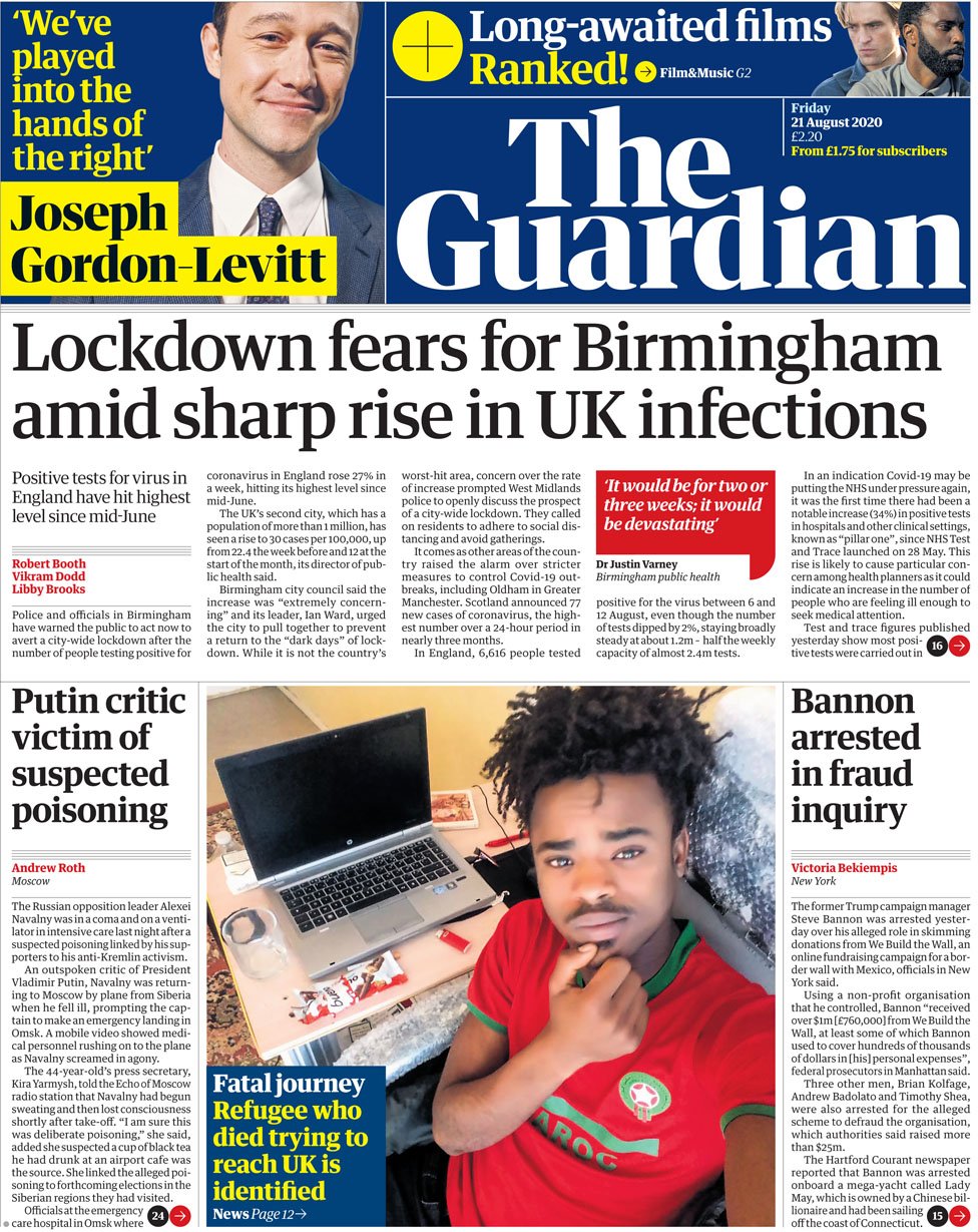 The Guardian front page 21 August