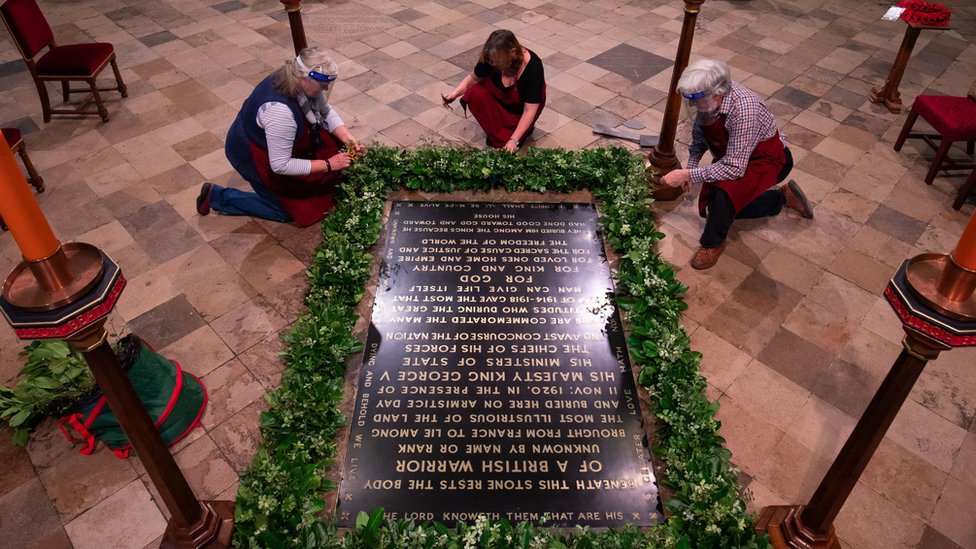 A laurel is arranged of the grave of the Unknown Warrior