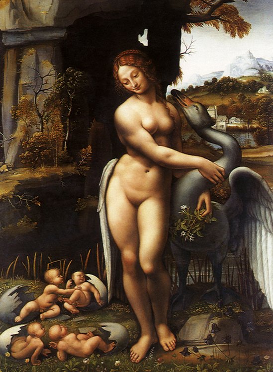Una copia de una pintura de Da Vinci sobre la historia de Leda y el Cisne.
