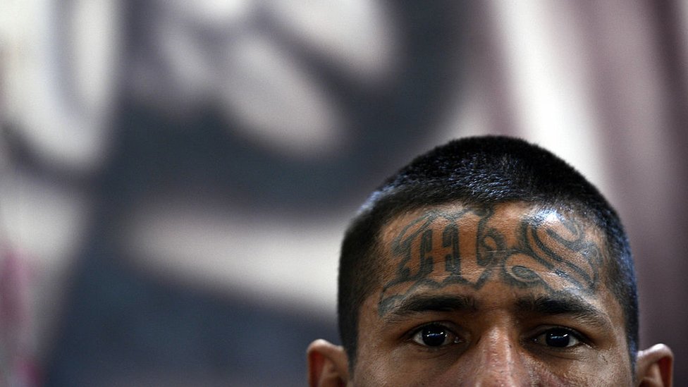Un miembro de la Mara Salvatrucha con las iniciales de la pandilla tatuadas en la frente