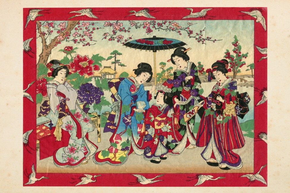 Grabado en madera que muestra a una princesa con un grupo de geishas y damas de la corte en 1880.