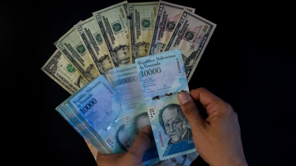 Dólares y bolívares venezolanos.