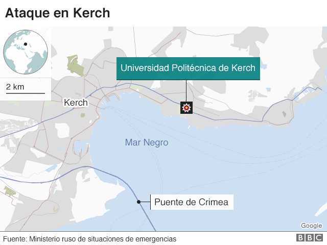 Mapa con la ubicación del ataque en la ciudad de Kerch, en Crimea.