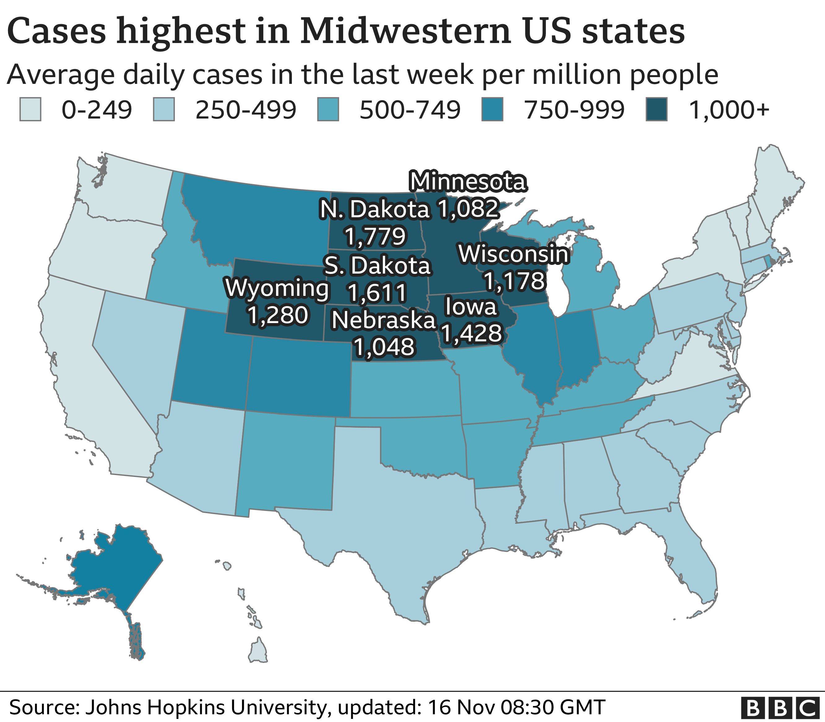 Карта, показывающая количество среднесуточных случаев заболевания за последнюю неделю на миллион человек. Эти цифры наиболее высоки в штатах Среднего Запада, таких как Дакота, Айова и Висконсин.