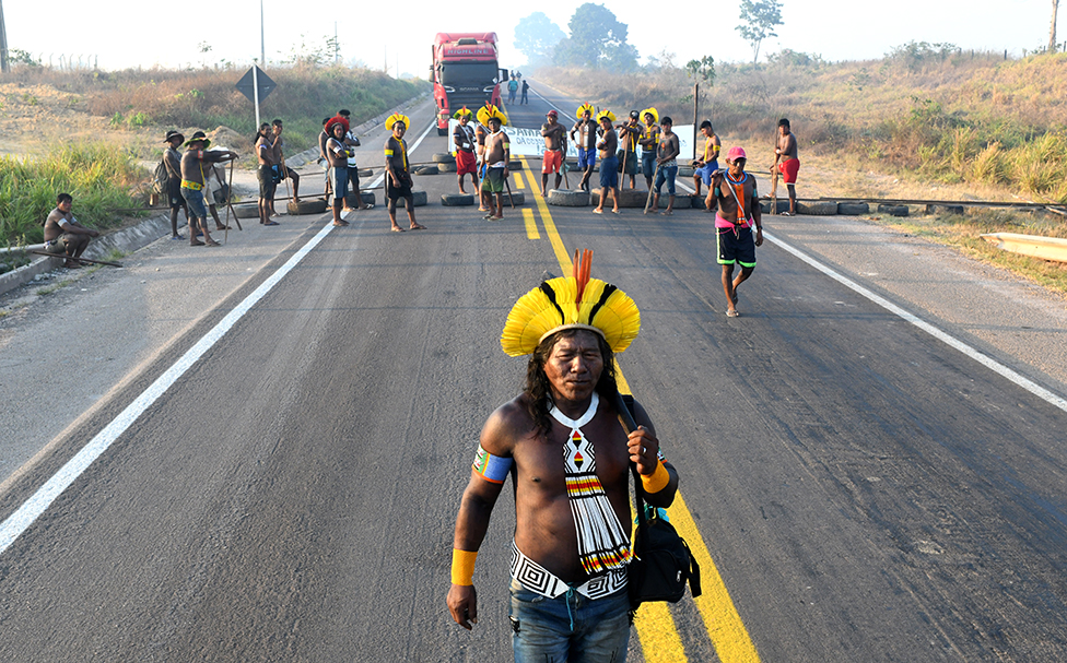 Kayapo indigenous people protest on a road