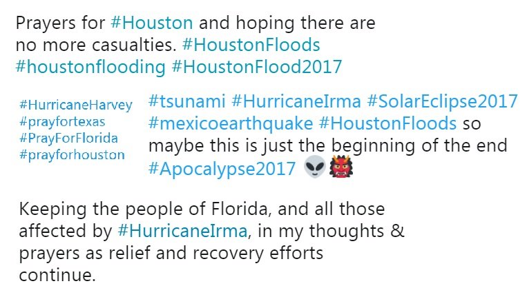 Подборка твитов с хэштегами, такими как #HurricaneIrma и #PrayforHouston, которые содержат мало полезной информации