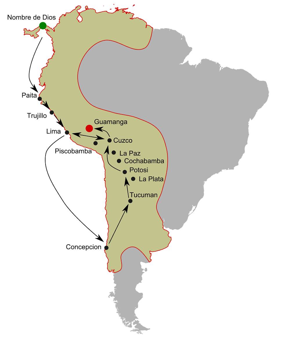Mapa mostrando viajes de Catalina de Erauso