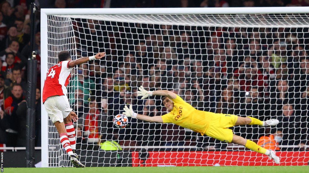 Emi Martinez saves Pierre-Emerick Aubameyang's penalty during Arsenal's 3-1 win at Emirates Stadium in October 2021