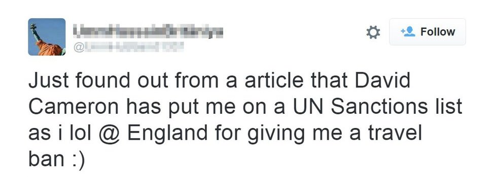 Салли-Энн Джонс пишет в Твиттере: «Только что узнала из статьи, что Дэвид Кэмерон внес меня в санкционный список ООН, поскольку я lol @ England за запрет на въезд :)»