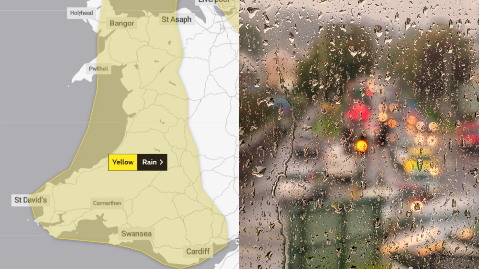 Карта метеорологической службы Уэльса и изображение Суонси, сделанное через окно, покрытое каплями дождя