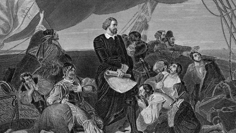 Grabado de Cristóbal Colón rodeado de marineros a bordo de la Santa María, rumbo al Nuevo Mundo.