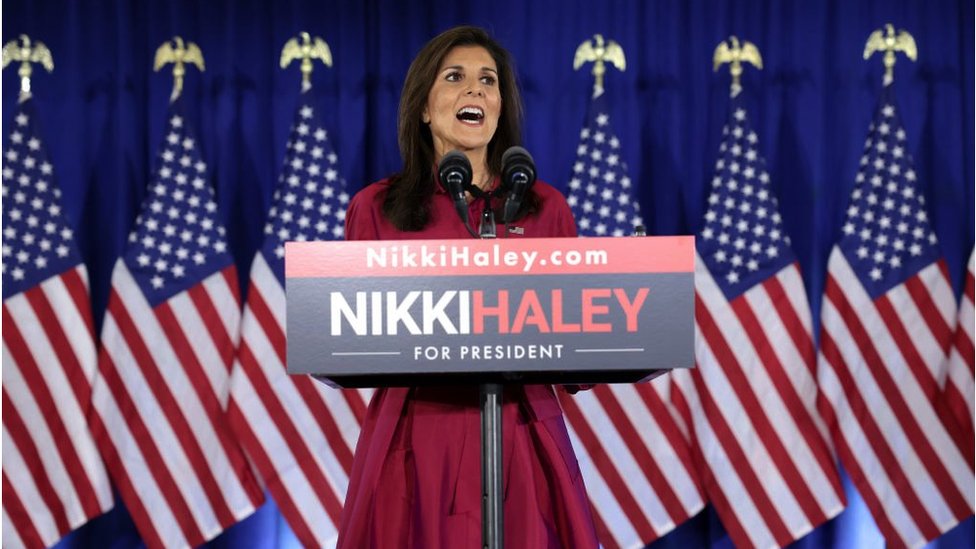 Republican presidential candidate former UN Ambassador Nikki Haley speaks at her caucus night event on January 15, 2024 in West Des Moines, Iowa