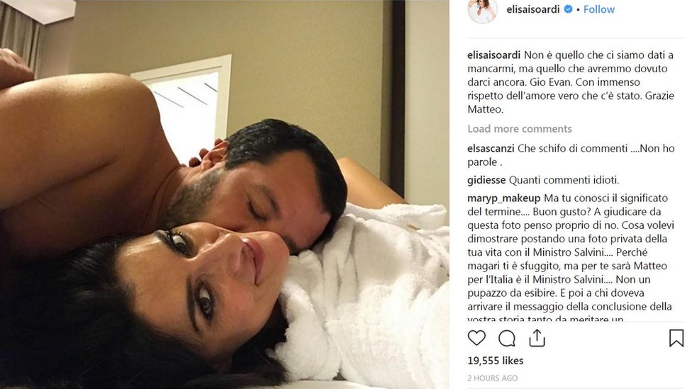 Televizyon sunucusu Elisa Isoardi, İçişleri Bakanı ve Başbakan Yardımcısı Salvini ile ayrılığını dün, yatakta çektikleri bu fotoğrafla duyurmuştu