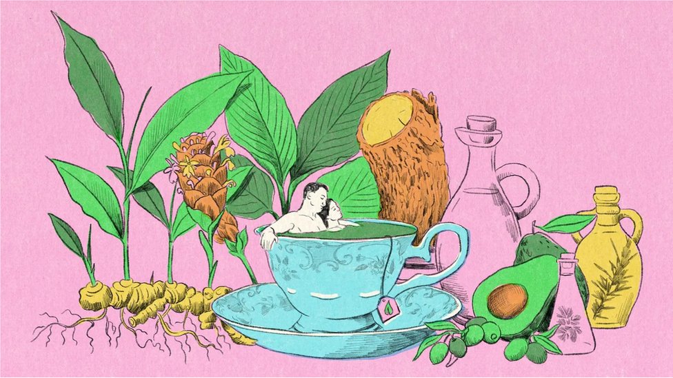 Ilustração de um casal tomando banho dentro de uma xícara ao lado de ervas medicinas e frutas