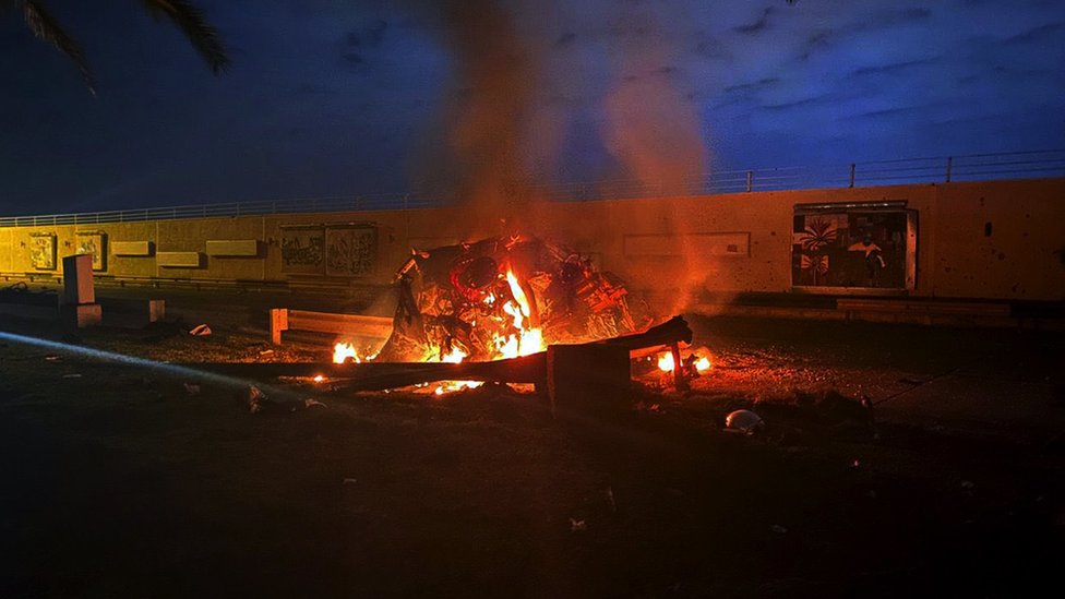 Burning vehicle following US airstrike at Baghdad International Airport, 3 January 2020, which killed Qasem Soleimani