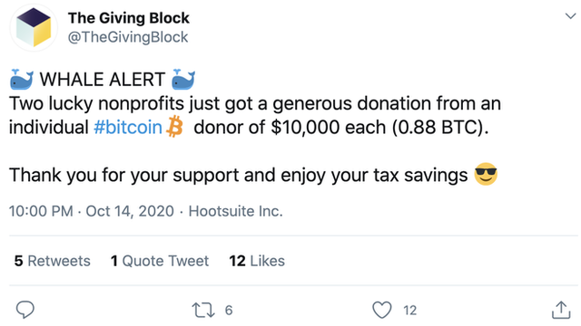 Tuit eliminado de The Giving Block celebrando una donación.