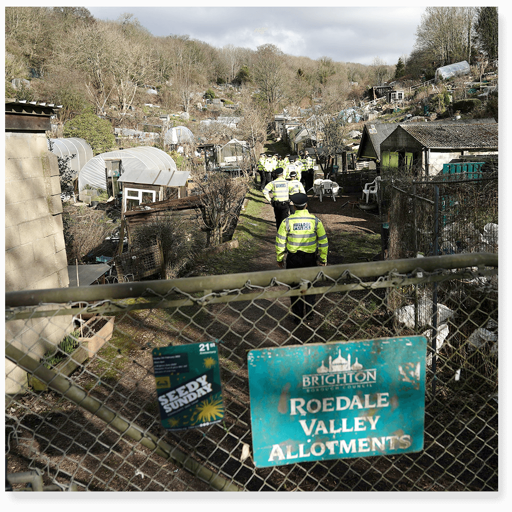 Police search teams in Roedale Valley Allotments, Brighton - 28 February 2023