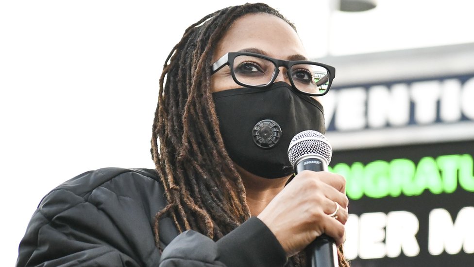Filmmaker Ava DuVernay spoke at a Black Lives Matter US election event in Los Angeles last month