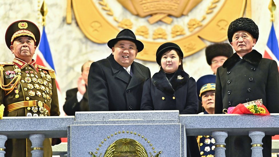 Kim Jong Un and Kim Ju Ae viewing a military parade at Kim Il Sung Square to mark the 75th anniversary of the founding of the Korean People's Army (KPA), February 2023