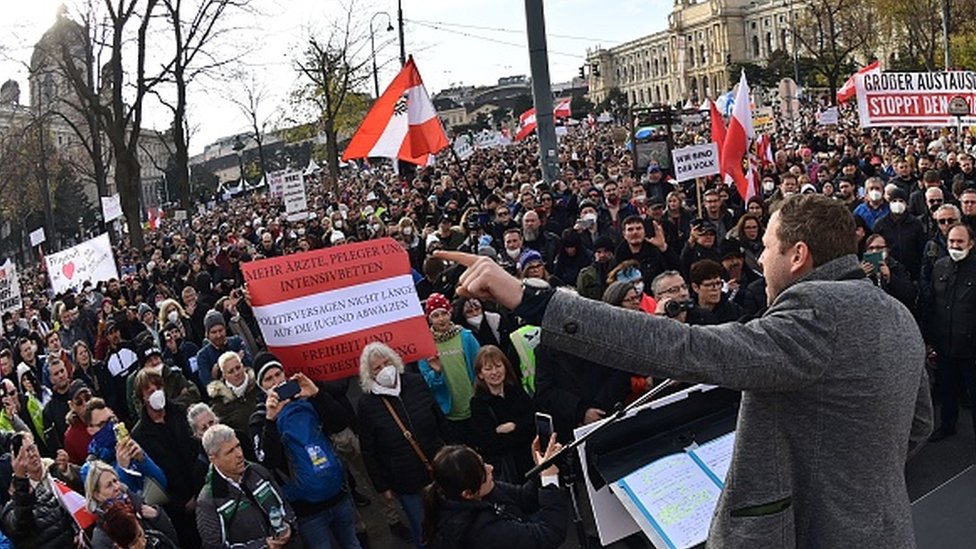 The head of Freedom party of Lower Austria Michael Schnedlitz speaks during a rally