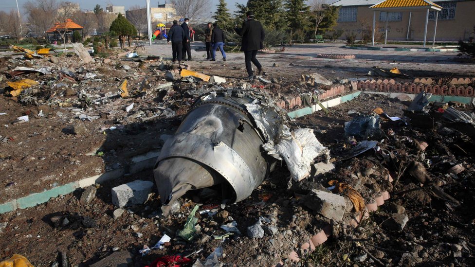 Rescue teams work amid wreckage after a Ukrainian plane crashed in Tehran on 8 January, 2020.