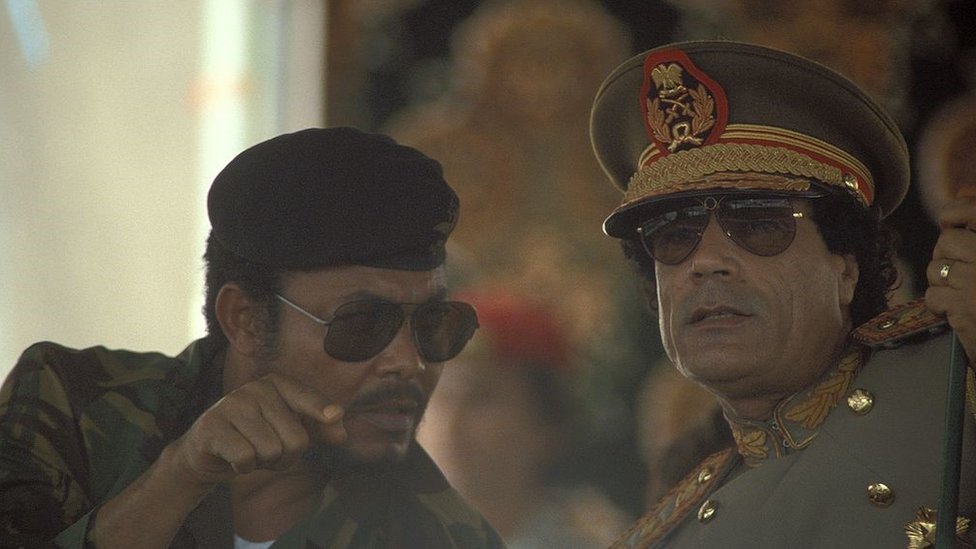 Jerry Rawlings and Muammar Gaddafi during the 18th Anniversary Of The Libyan Revolution in 1987