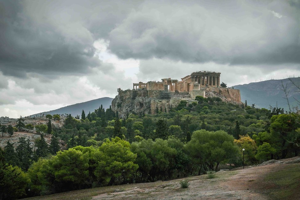 Storm Ballos brings thunder and lightening over the Acropolis of Athens