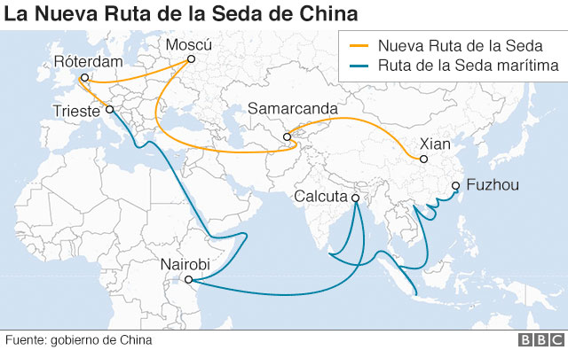 Mapa que muestra la antigua y la nueva Ruta de la Seda