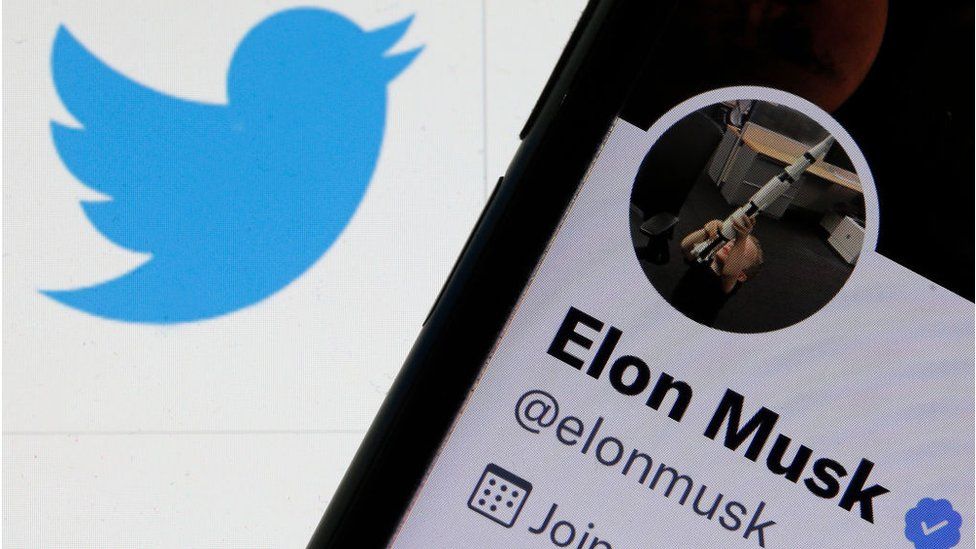شعار تويتر إلى جانب حساب إيلون ماسك على المنصة.