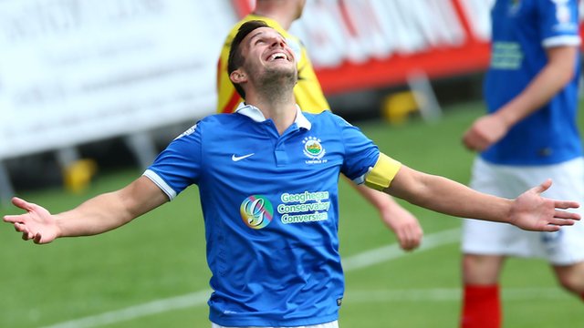 Linfield's Andrew Waterworth celebrates scoring a hat-trick against Dungannon Swifts