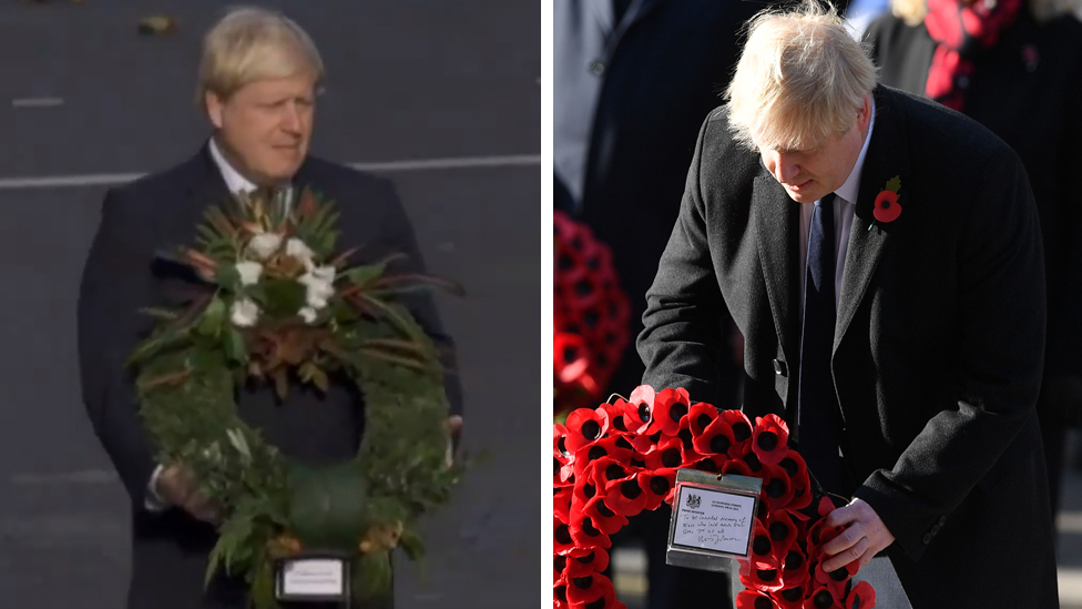 Премьер-министр Борис Джонсон, изображенный в 2016 году и снова в воскресенье, на отдельных службах в День памяти