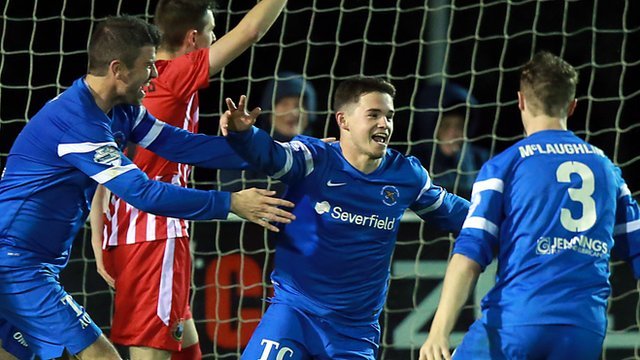 Ballinamallard's Michael McCrudden celebrates scoring against Warrenpoint.