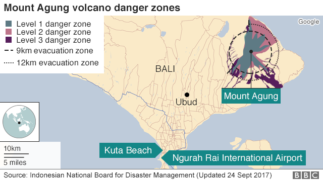 Карта, показывающая опасные зоны вулкана Агунг