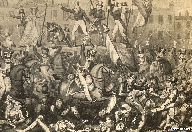 Йоменри атакует толпу в Манчестере в 19 веке, изображая кровавую бойню