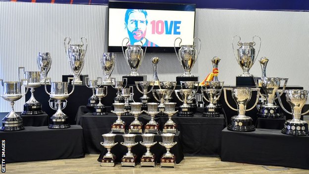 Replicas of the 34 trophies Lionel Messi has won with Barcelona