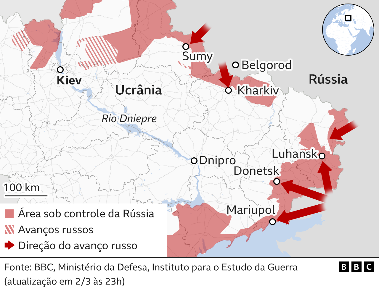 Mapa mostra invasão russa pelo leste da Ucrânia