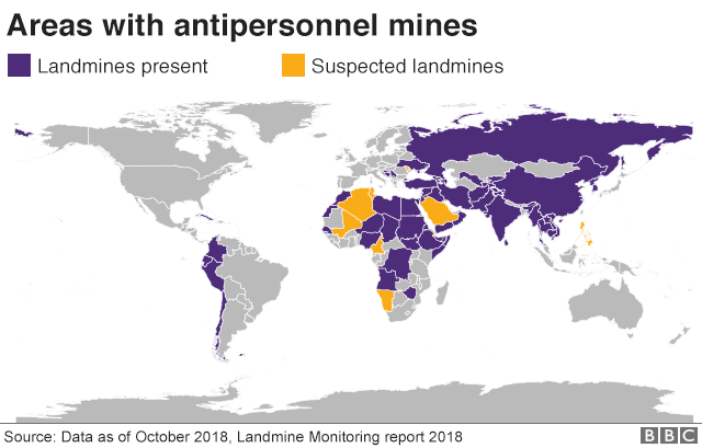 Карта мира с изображением стран с противопехотными минами