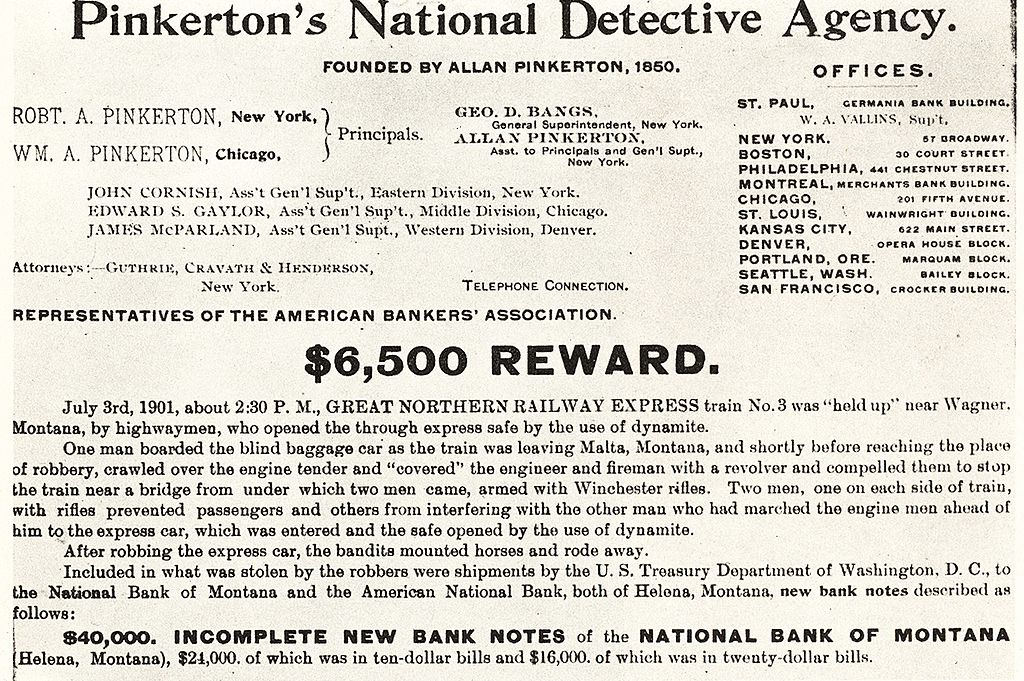 Anúncio da Agência Pinkerton oferecendo recompensa pela captura dos responsáveis pelo assalto a um trem em 1901