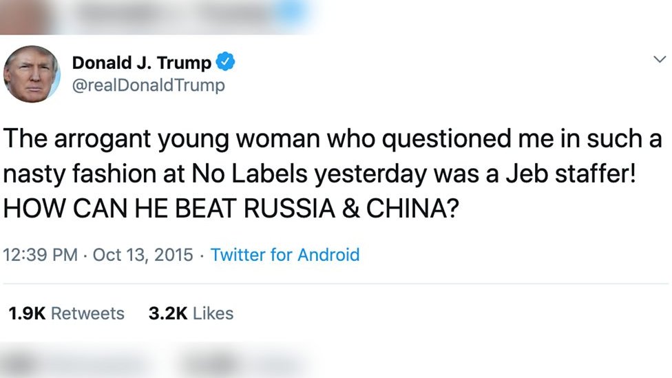 Tuit de Donald Trump lee: "La arrogante joven que me cuestionó de la manera más desagradable en [el evento] No Labels ayer era una interna de Jeb! CÓMO VA A DOMINAR A RUSIA & CHINA?"